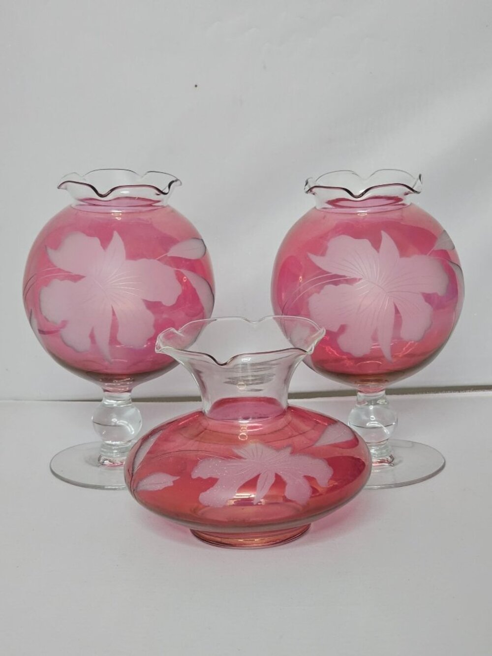 3 Cranberry Etched Floral Vase Glass vintage romantic ruffled showers weddings c